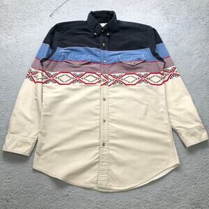 Vintage Express Riders Western Aztec Colorblock Button Down Shirt Mens M Tan
